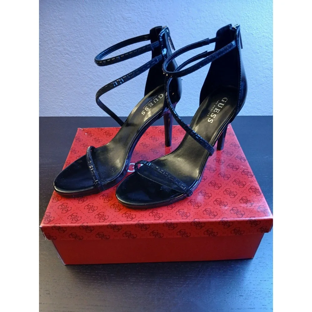 GUESS WGWHOLES Womens Black Patent Rhinestone Strappy Stiletto Heels 8.5M